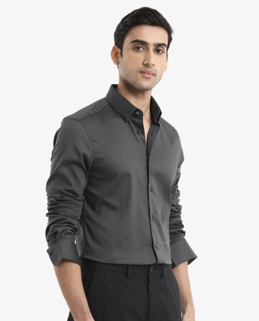 Rare Rabbit Men's Holand Grey Satin Plain Regular Fit Full Sleeve Button-Down Collar Shirt