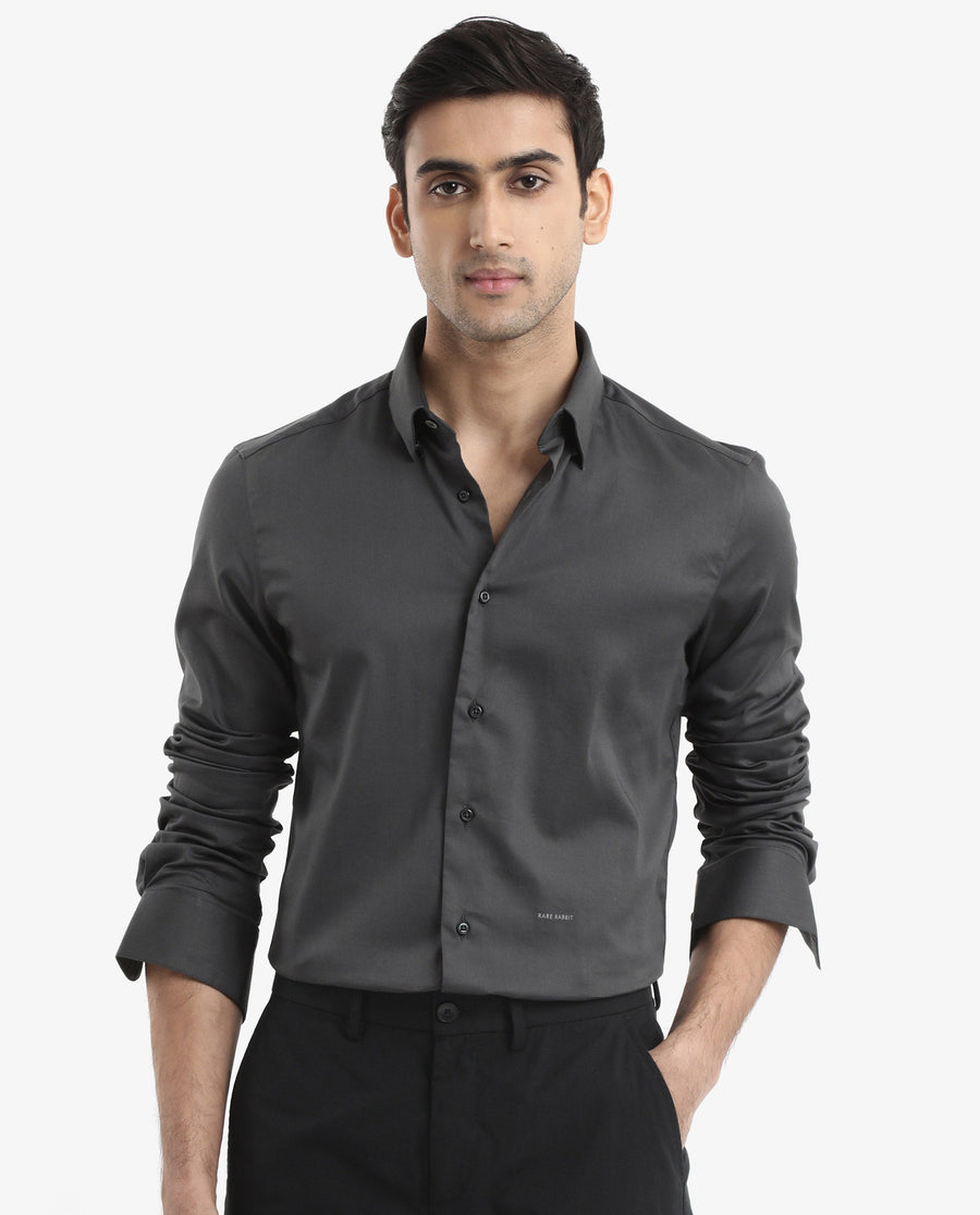 Rare Rabbit Men's Holand Grey Satin Plain Regular Fit Full Sleeve Button-Down Collar Shirt