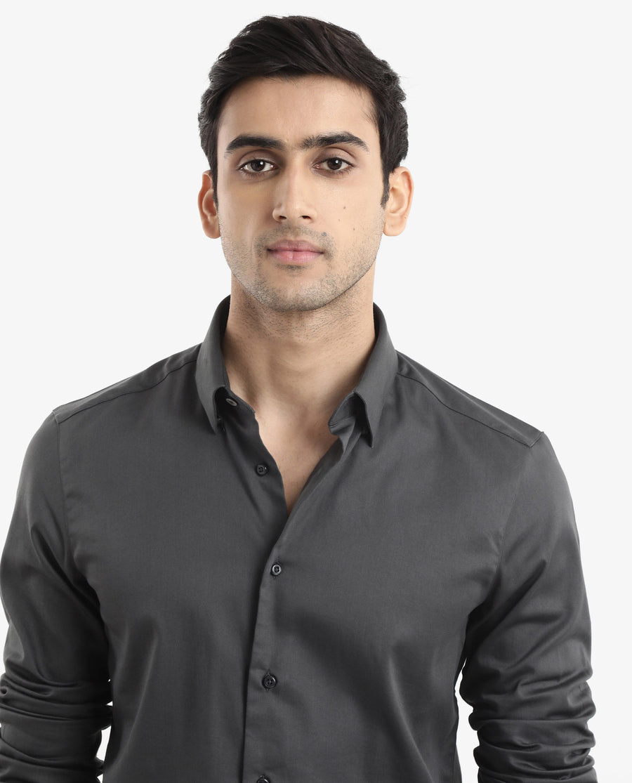 Rare Rabbit Men's Holand Grey Satin Plain Regular Fit Full Sleeve Button-Down Collar Shirt
