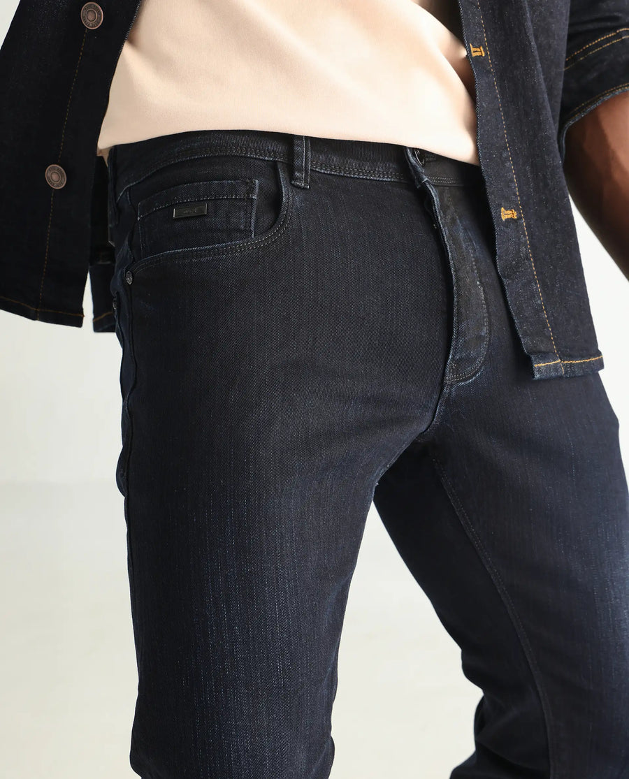 Rare Rabbit Men's Holand Navy Cotton Plain Hawk Slim Fit Jeans