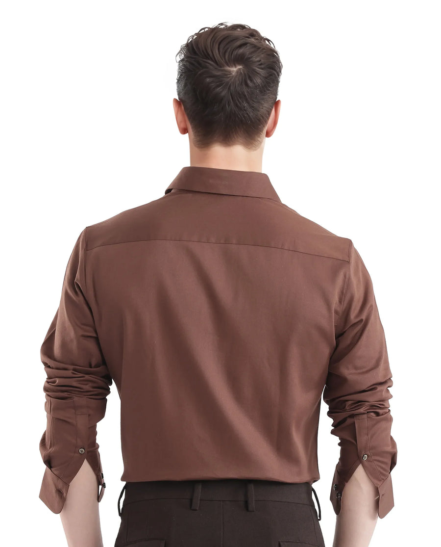 Rare Rabbit Men's Holla-25 Brown Cotton Blend Plain Regular Fit Full Sleeve Collared Shirt