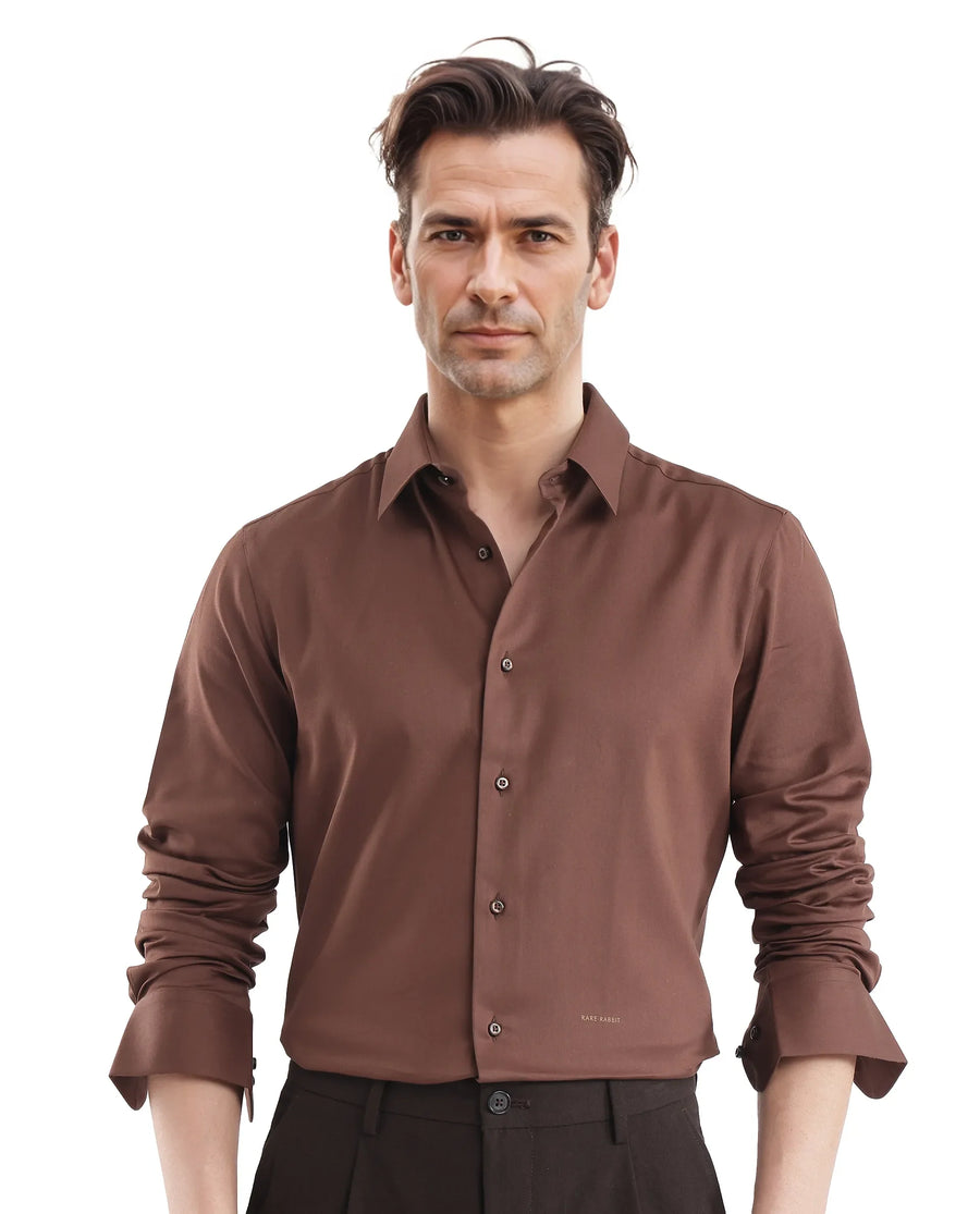 Rare Rabbit Men's Holla-25 Brown Cotton Blend Plain Regular Fit Full Sleeve Collared Shirt