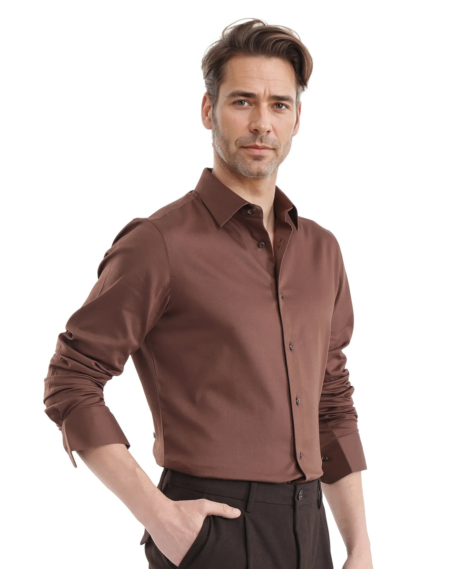 Rare Rabbit Men's Holla-25 Brown Cotton Blend Plain Regular Fit Full Sleeve Collared Shirt
