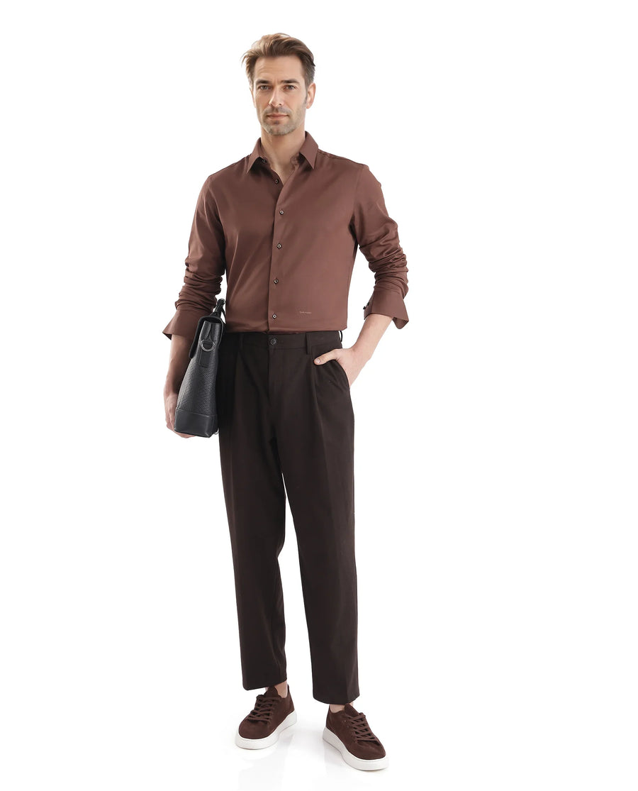 Rare Rabbit Men's Holla-25 Brown Cotton Blend Plain Regular Fit Full Sleeve Collared Shirt