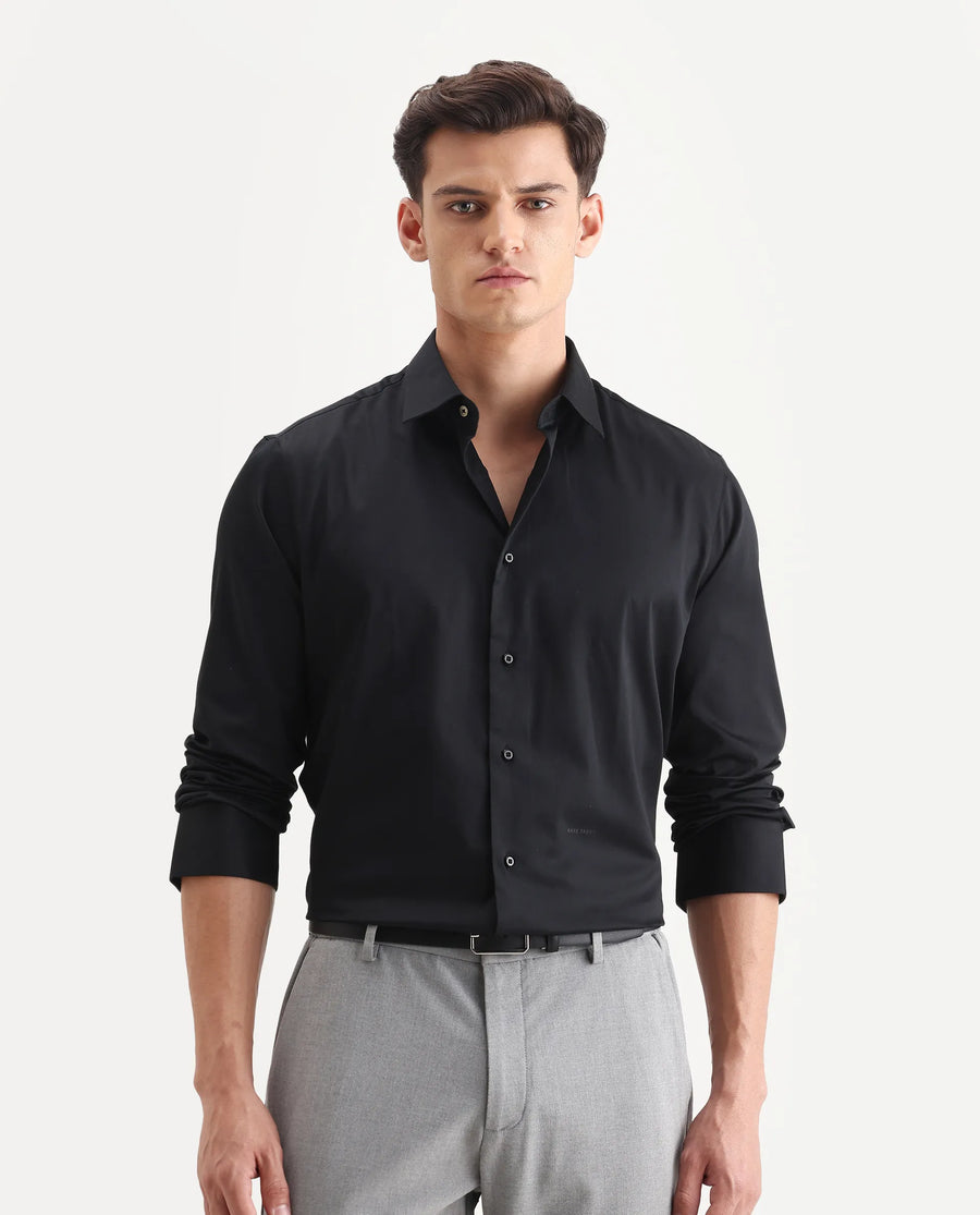 Rare Rabbit Men's Holla-26 Black Cotton Plain Regular Fit Full Sleeve Collared Shirt