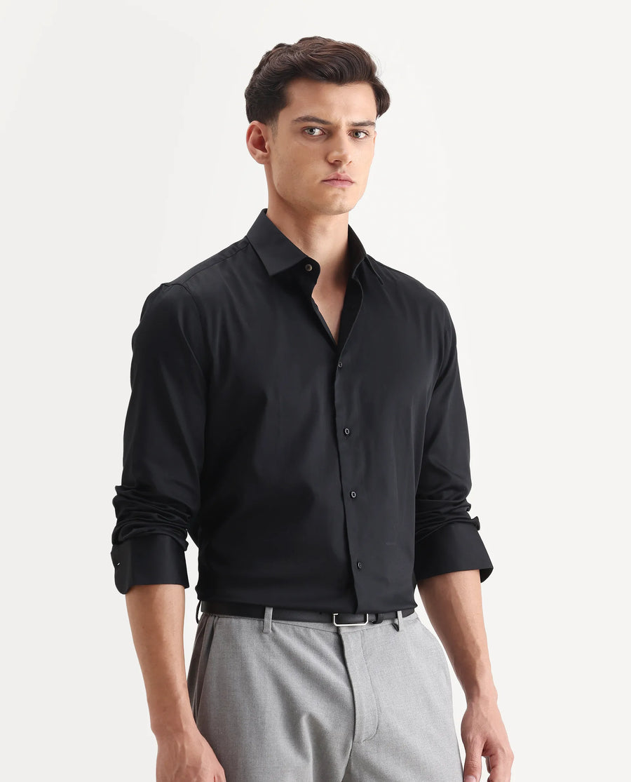 Rare Rabbit Men's Holla-26 Black Cotton Plain Regular Fit Full Sleeve Collared Shirt