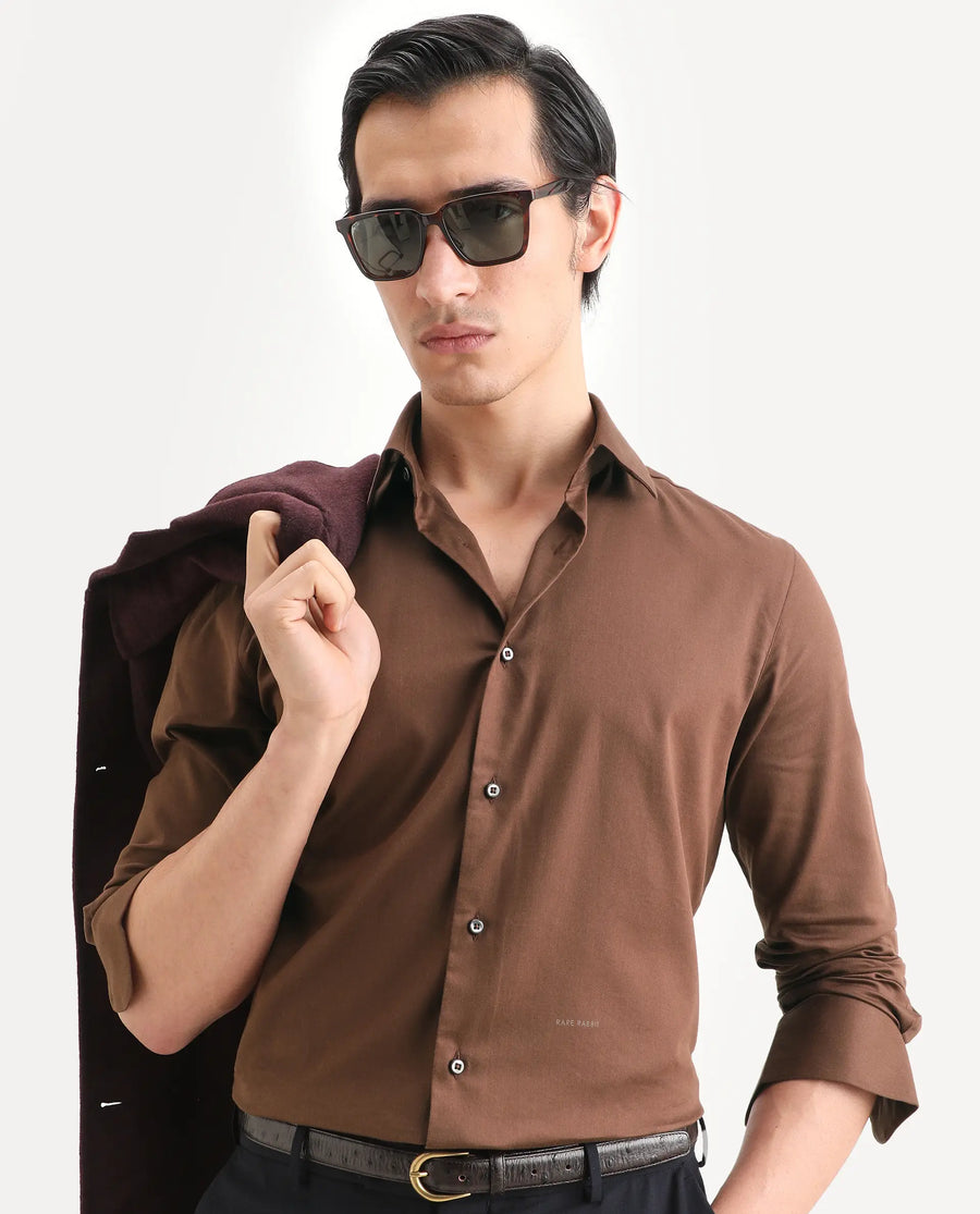Rare Rabbit Men's Holla-Ss26 Brown Cotton Blend Fabric Full Sleeve Spread Collar Regular Fit Plain Shirt
