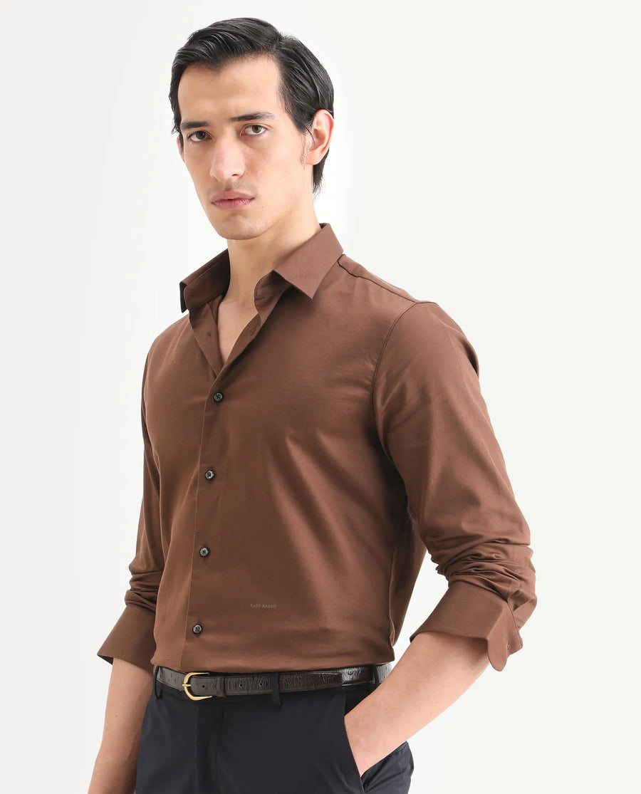 Rare Rabbit Men's Holla-Ss26 Brown Cotton Blend Fabric Full Sleeve Spread Collar Regular Fit Plain Shirt