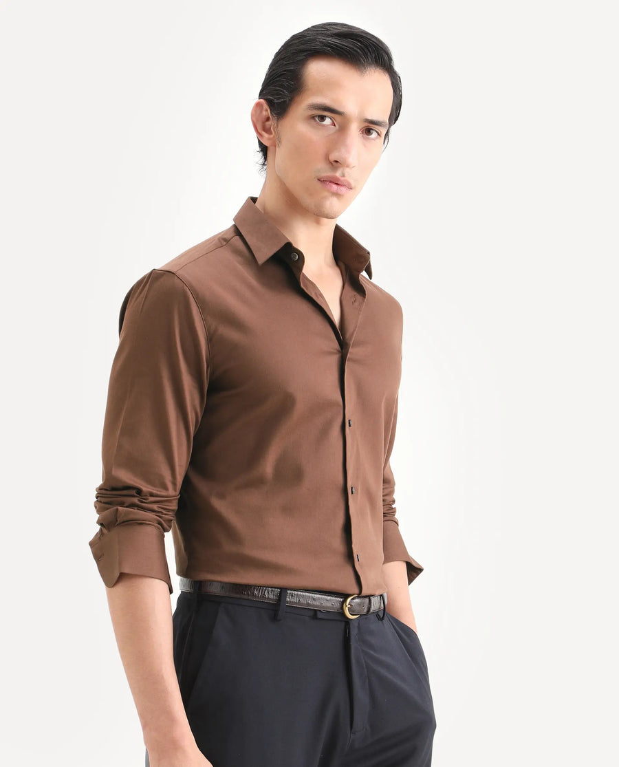 Rare Rabbit Men's Holla-Ss26 Brown Cotton Blend Fabric Full Sleeve Spread Collar Regular Fit Plain Shirt