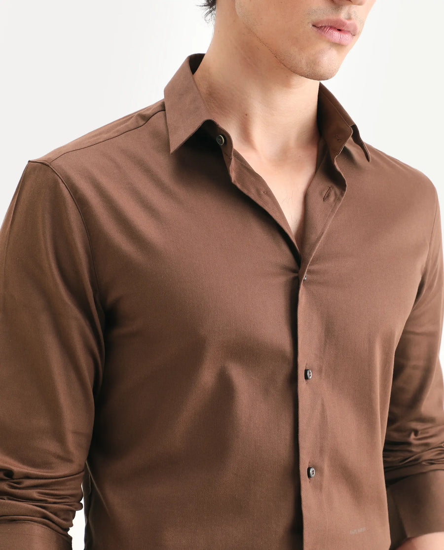 Rare Rabbit Men's Holla-Ss26 Brown Cotton Blend Fabric Full Sleeve Spread Collar Regular Fit Plain Shirt