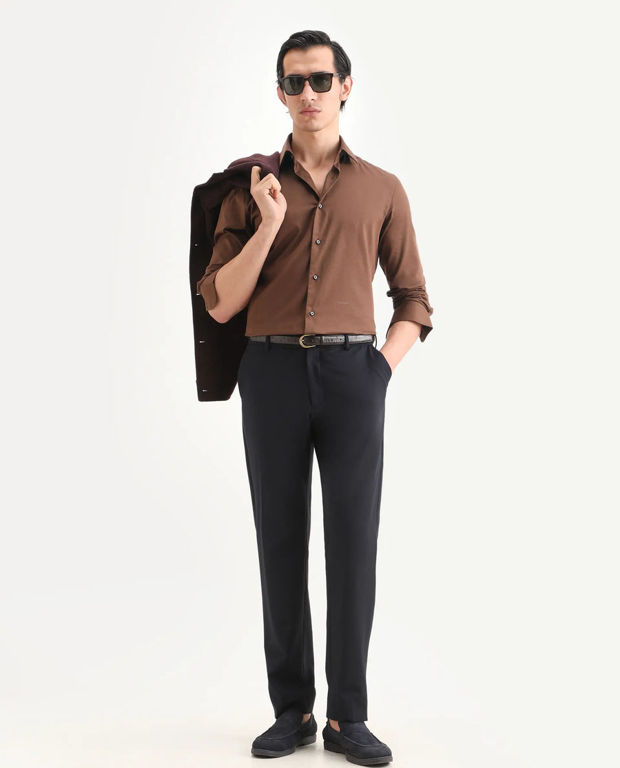 Rare Rabbit Men's Holla-Ss26 Brown Cotton Blend Fabric Full Sleeve Spread Collar Regular Fit Plain Shirt