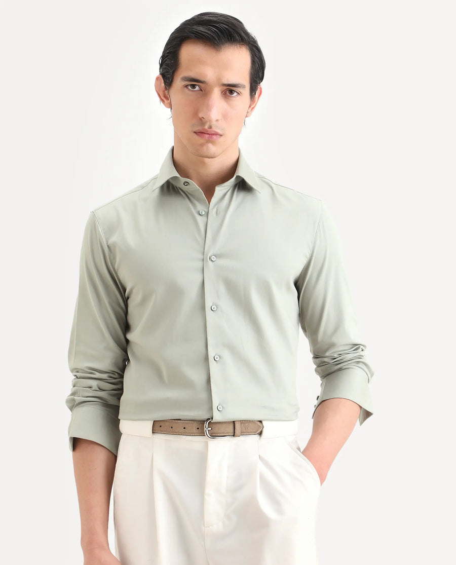 Rare Rabbit Men's Holla-Ss26 Pastel Green Cotton Blend Fabric Full Sleeve Spread Collar Regular Fit Plain Shirt