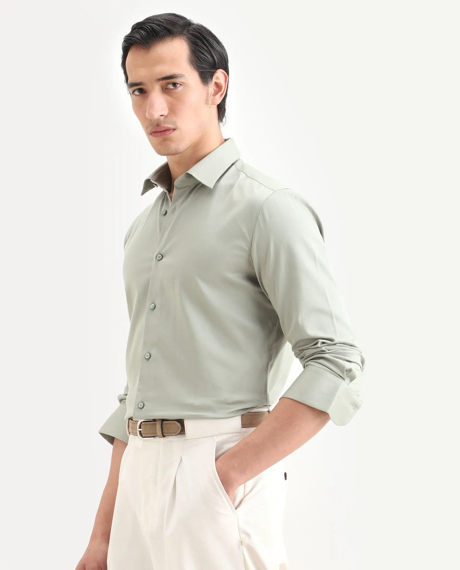Rare Rabbit Men's Holla-Ss26 Pastel Green Cotton Blend Fabric Full Sleeve Spread Collar Regular Fit Plain Shirt