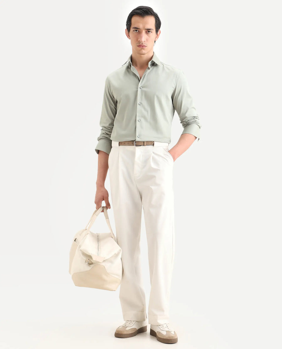 Rare Rabbit Men's Holla-Ss26 Pastel Green Cotton Blend Fabric Full Sleeve Spread Collar Regular Fit Plain Shirt