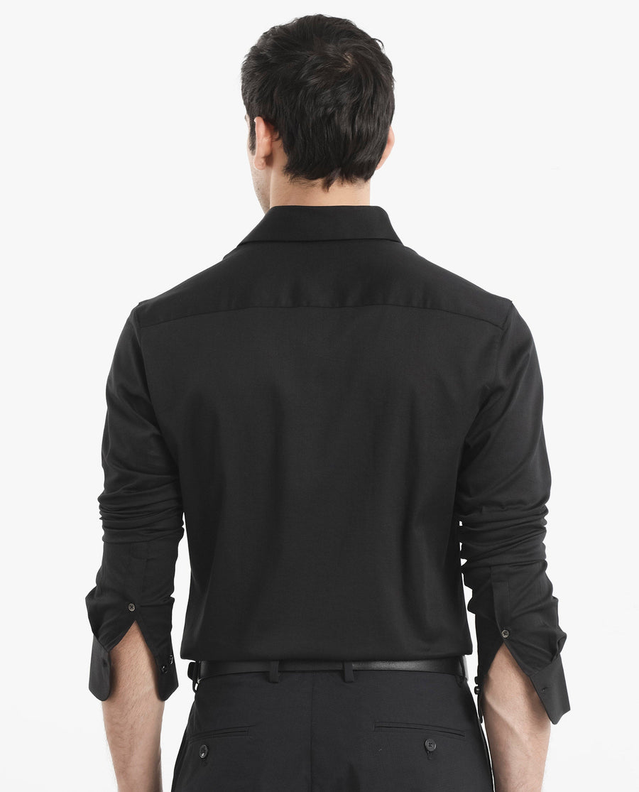Rare Rabbit Men's Holla Black Satin Plain Regular Fit Full Sleeve Collared Shirt