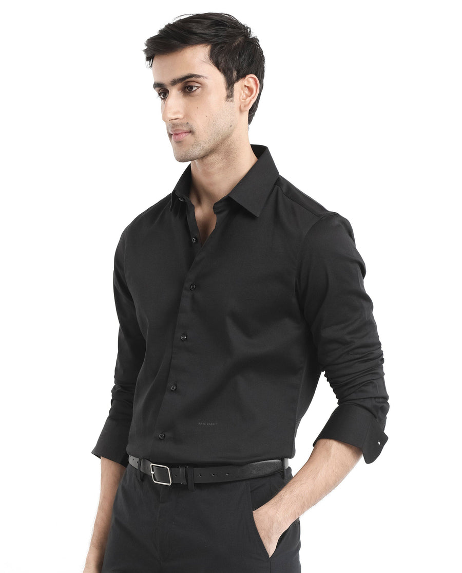 Rare Rabbit Men's Holla Black Satin Plain Regular Fit Full Sleeve Collared Shirt