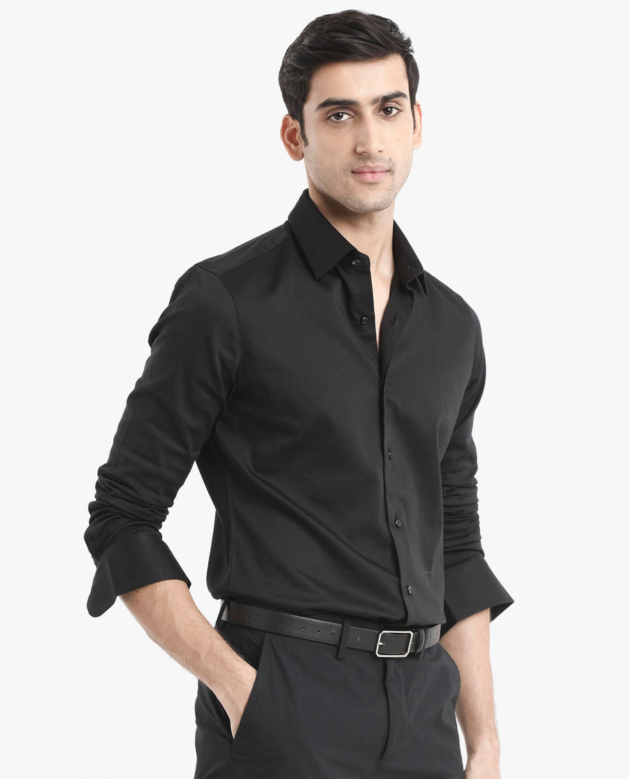 Rare Rabbit Men's Holla Black Satin Plain Regular Fit Full Sleeve Collared Shirt