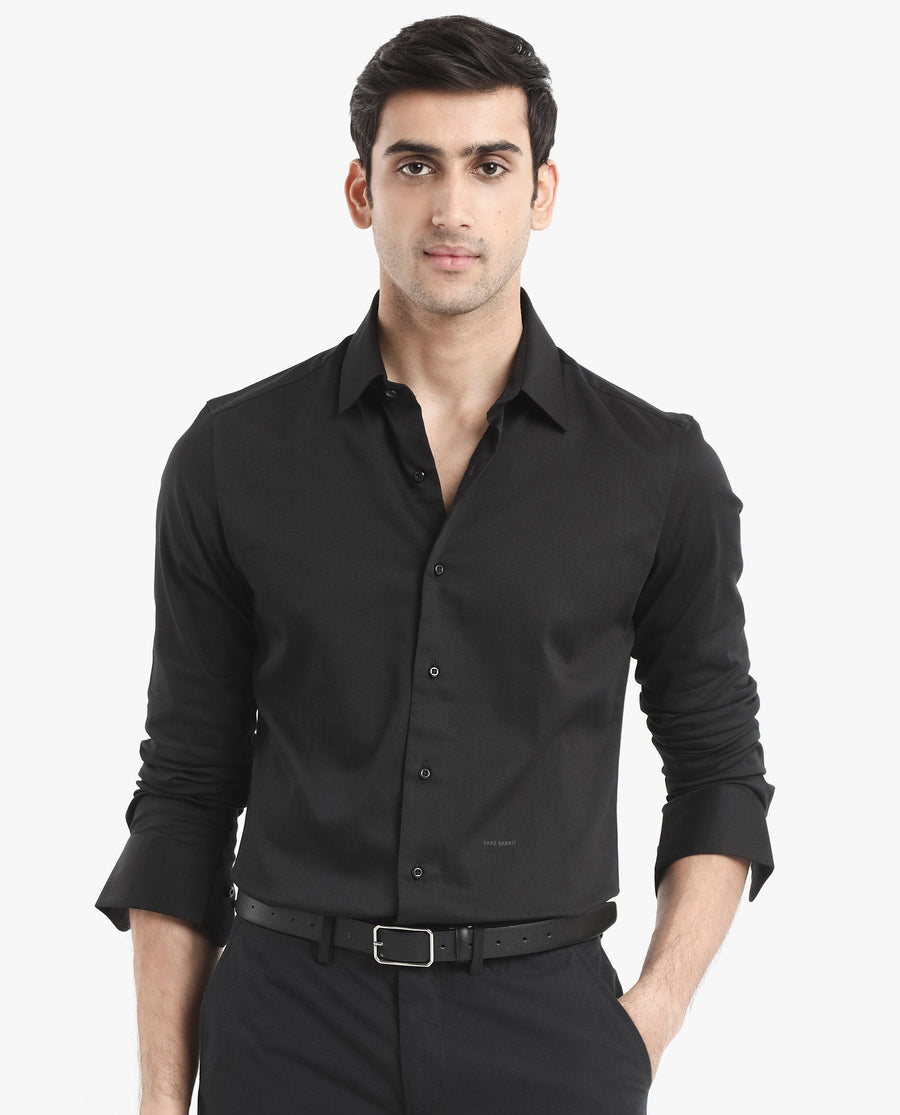 Rare Rabbit Men's Holla Black Satin Plain Regular Fit Full Sleeve Collared Shirt