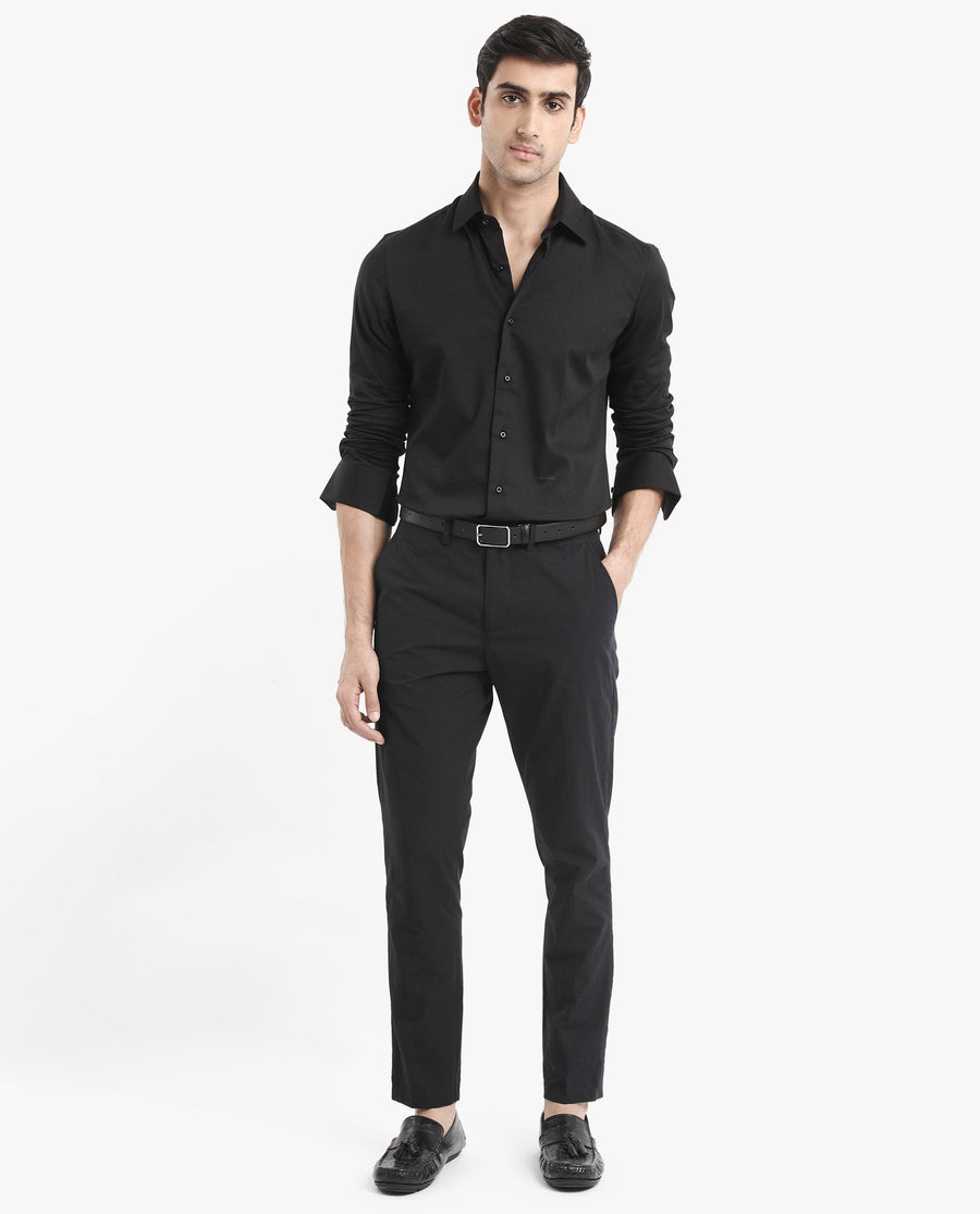 Rare Rabbit Men's Holla Black Satin Plain Regular Fit Full Sleeve Collared Shirt