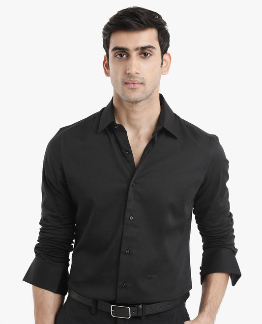 Rare Rabbit Men's Holla Black Satin Plain Regular Fit Full Sleeve Collared Shirt