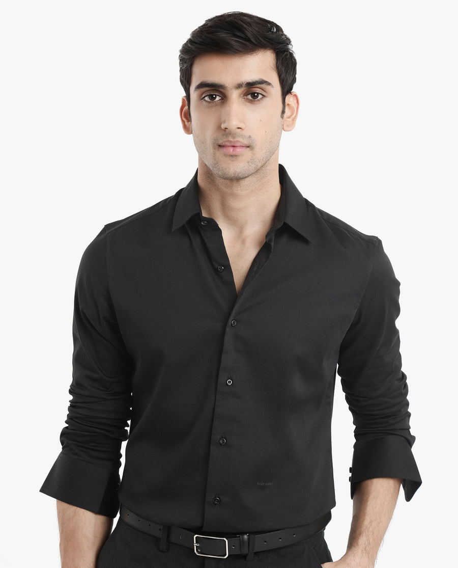 Rare Rabbit Men's Holla Black Satin Plain Regular Fit Full Sleeve Collared Shirt