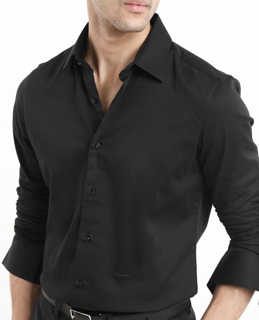 Rare Rabbit Men's Holla Black Satin Plain Regular Fit Full Sleeve Collared Shirt