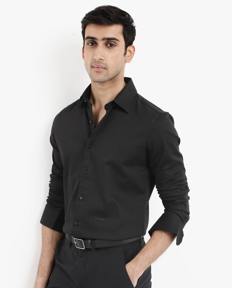 Rare Rabbit Men's Holla Black Satin Plain Regular Fit Full Sleeve Collared Shirt