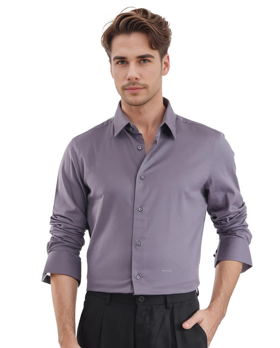 Rare Rabbit Men's Holla-25 Dusky Purple Cotton Blend Plain Regular Fit Full Sleeve Collared Shirt