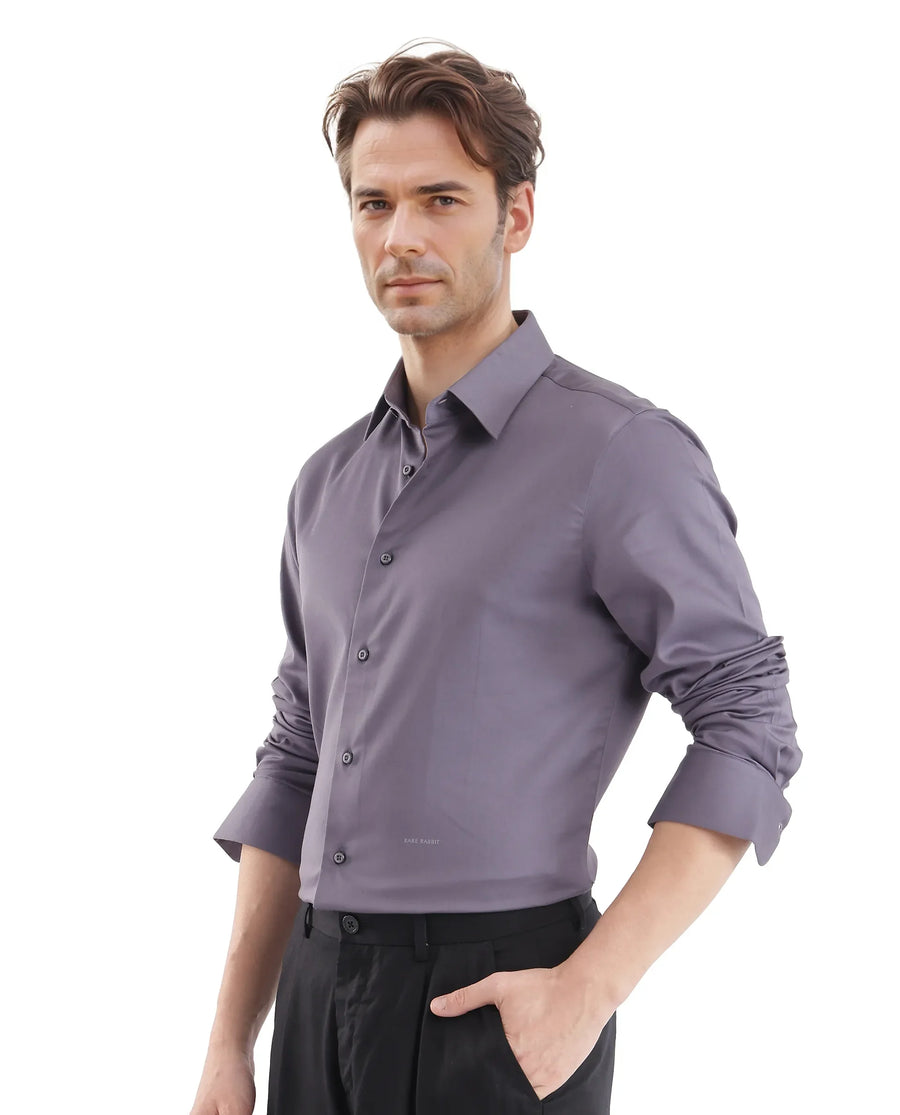 Rare Rabbit Men's Holla-25 Dusky Purple Cotton Blend Plain Regular Fit Full Sleeve Collared Shirt