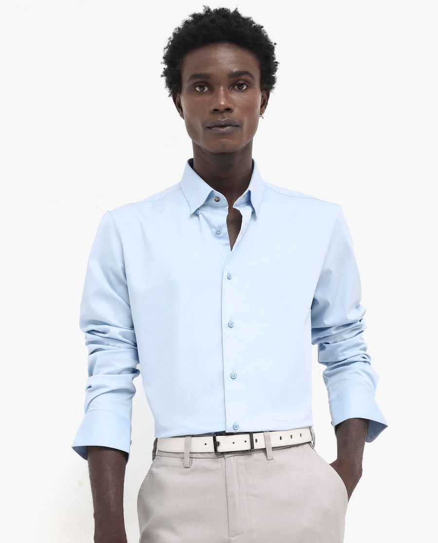 Rare Rabbit Men's Holand Light Blue Satin Plain Regular Fit Full Sleeve Collared Shirt