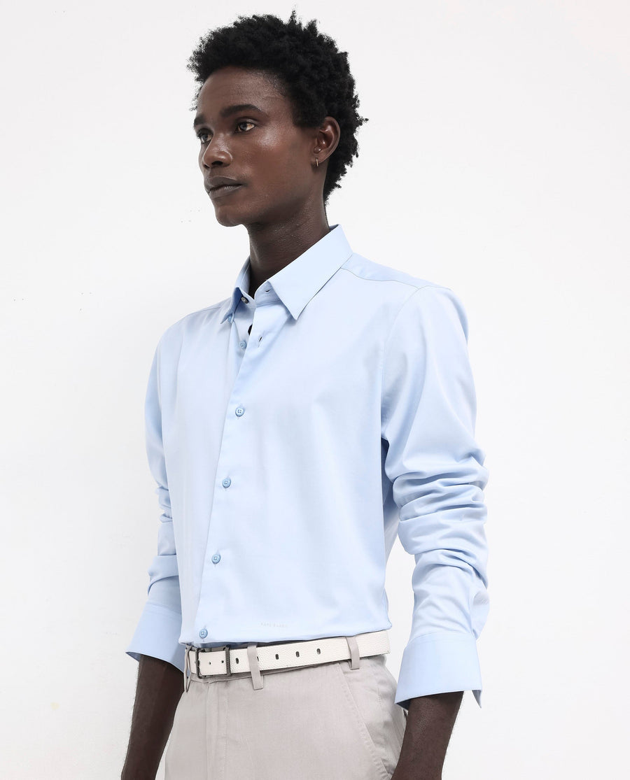 Rare Rabbit Men's Holand Light Blue Satin Plain Regular Fit Full Sleeve Collared Shirt