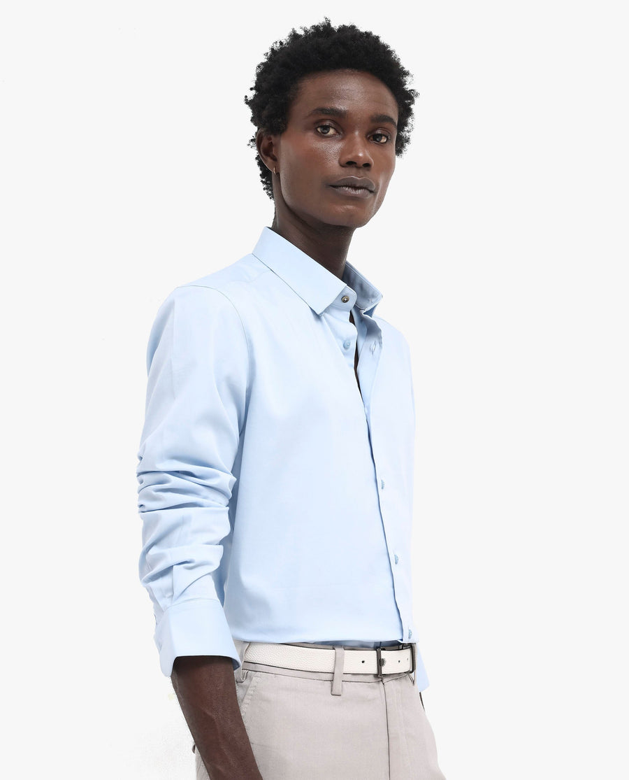 Rare Rabbit Men's Holand Light Blue Satin Plain Regular Fit Full Sleeve Collared Shirt