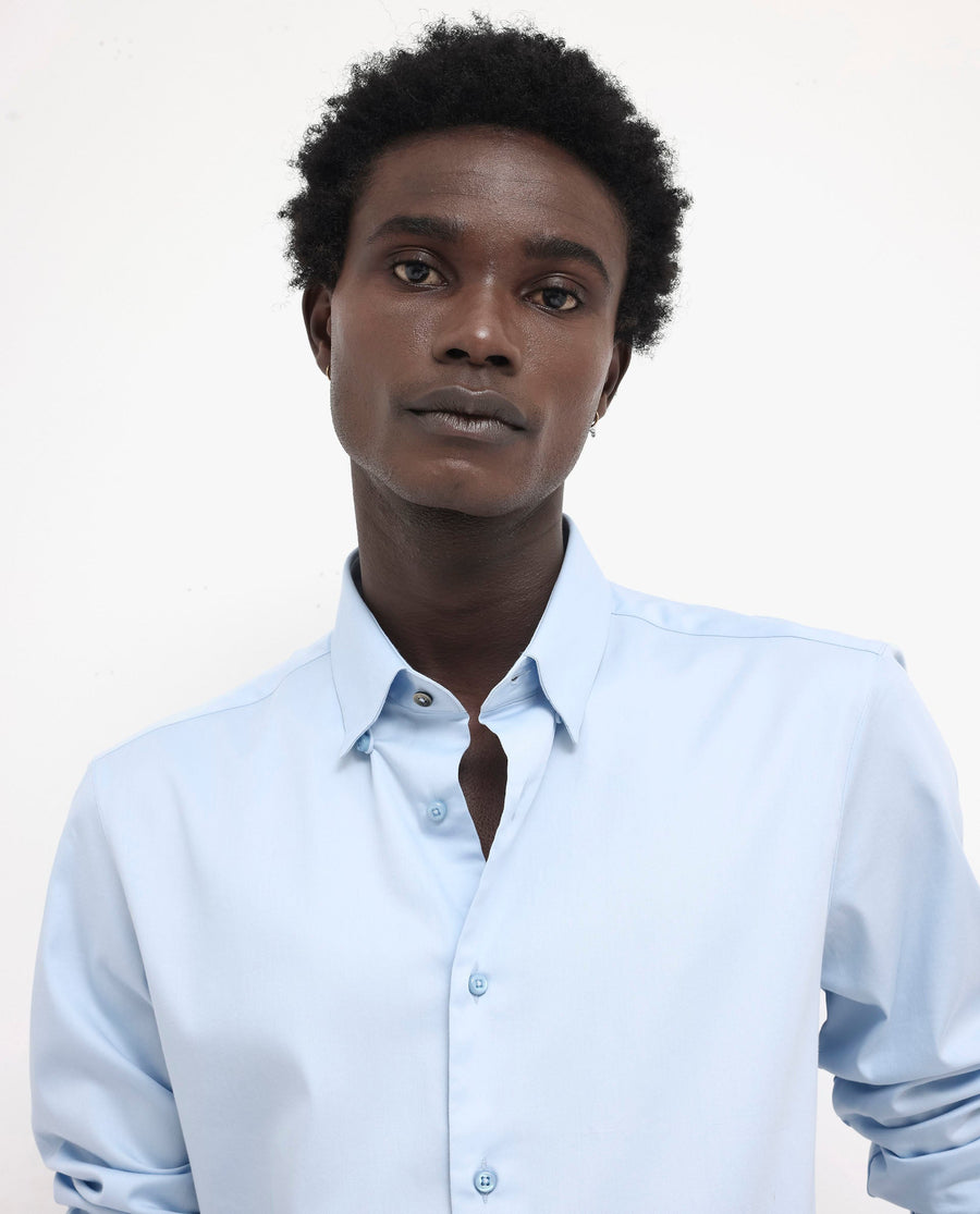 Rare Rabbit Men's Holand Light Blue Satin Plain Regular Fit Full Sleeve Collared Shirt