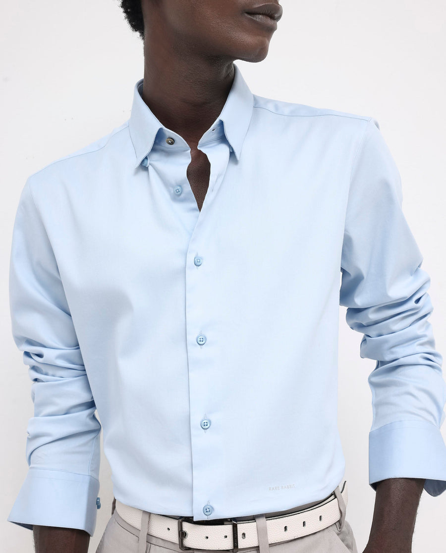 Rare Rabbit Men's Holand Light Blue Satin Plain Regular Fit Full Sleeve Collared Shirt