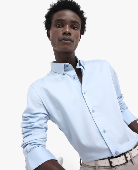 Rare Rabbit Men's Holand Light Blue Satin Plain Regular Fit Full Sleeve Collared Shirt