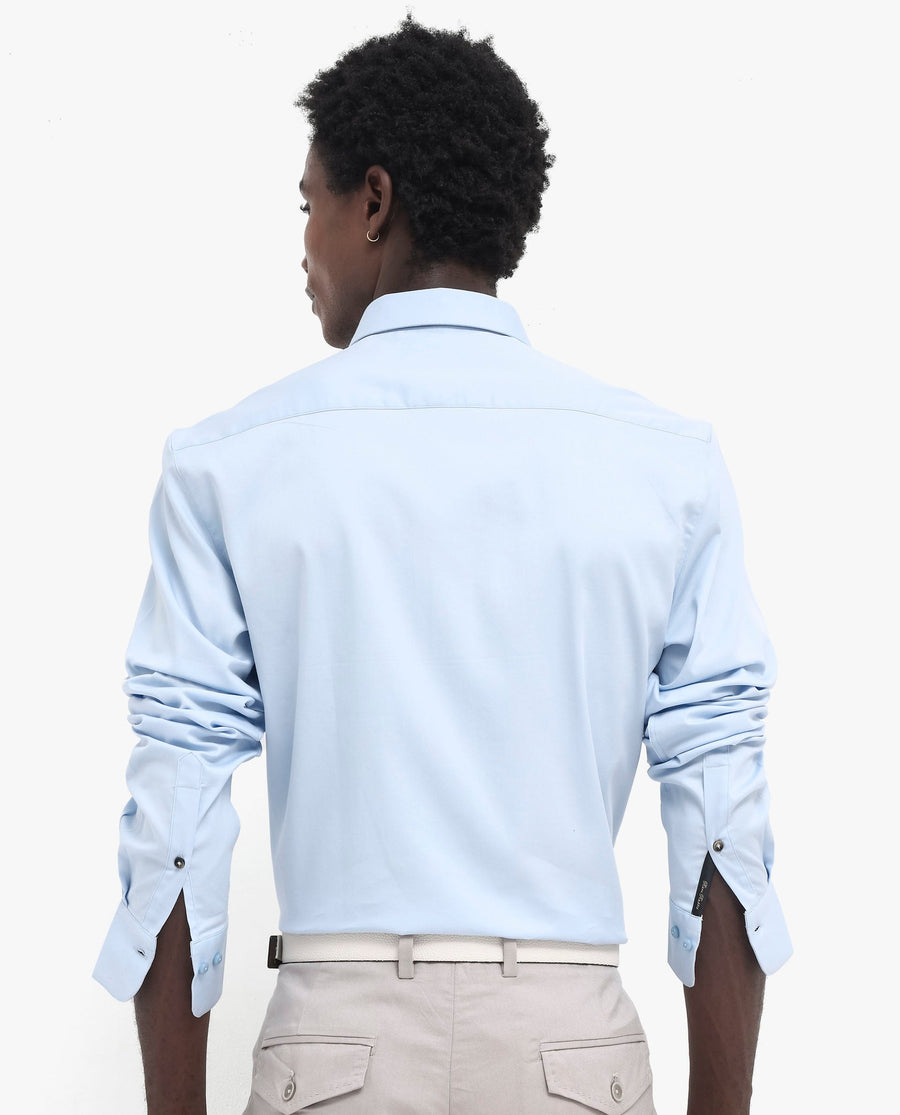 Rare Rabbit Men's Holand Light Blue Satin Plain Regular Fit Full Sleeve Collared Shirt