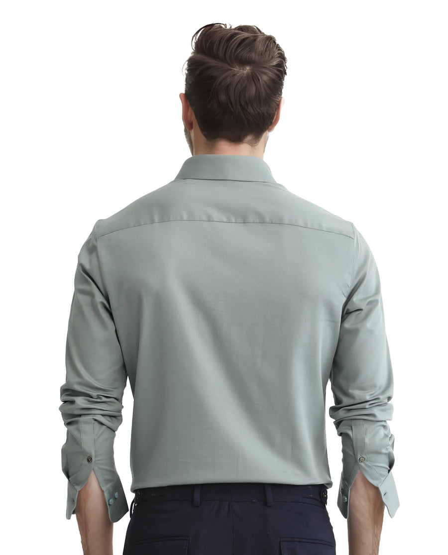 Rare Rabbit Men's Holla-25 Dusky Green Cotton Blend Plain Regular Fit Full Sleeve Collared Shirt