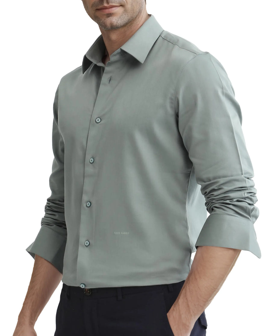 Rare Rabbit Men's Holla-25 Dusky Green Cotton Blend Plain Regular Fit Full Sleeve Collared Shirt