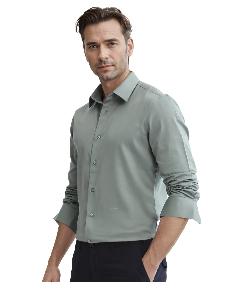 Rare Rabbit Men's Holla-25 Dusky Green Cotton Blend Plain Regular Fit Full Sleeve Collared Shirt