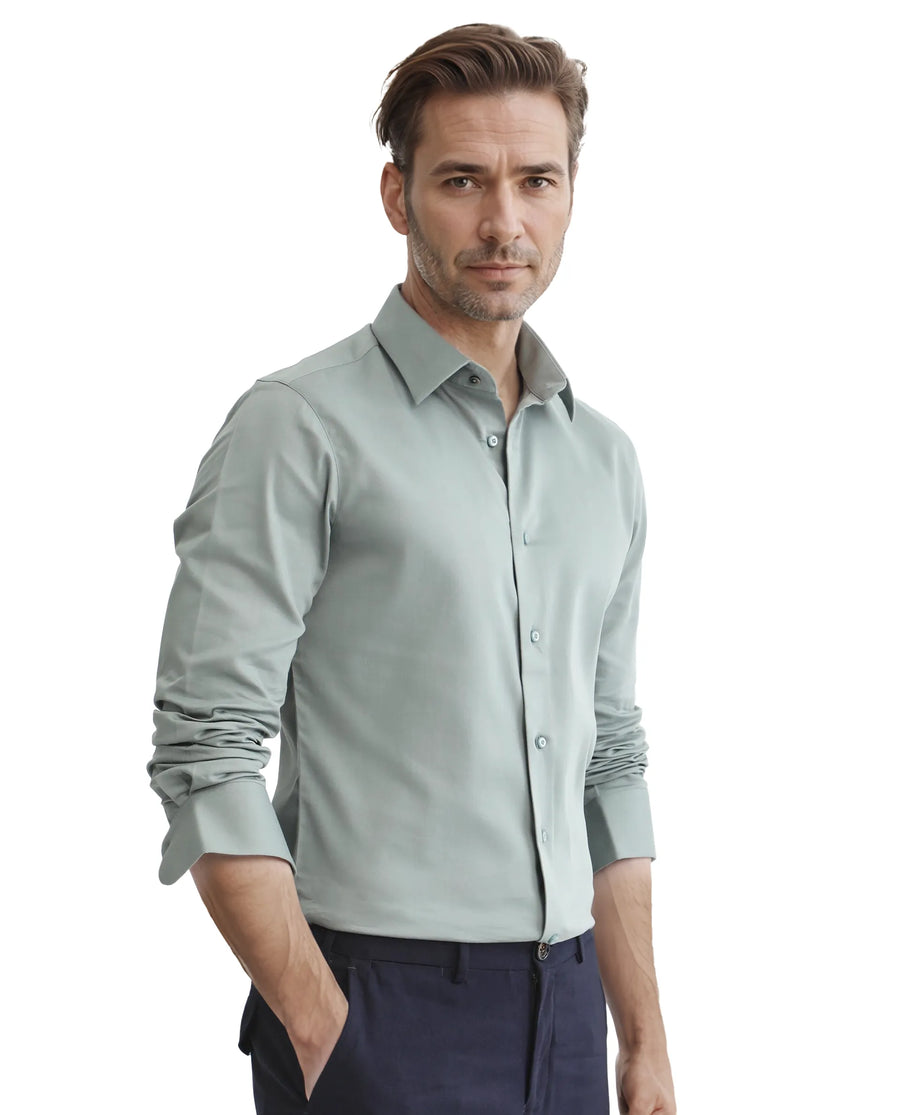 Rare Rabbit Men's Holla-25 Dusky Green Cotton Blend Plain Regular Fit Full Sleeve Collared Shirt