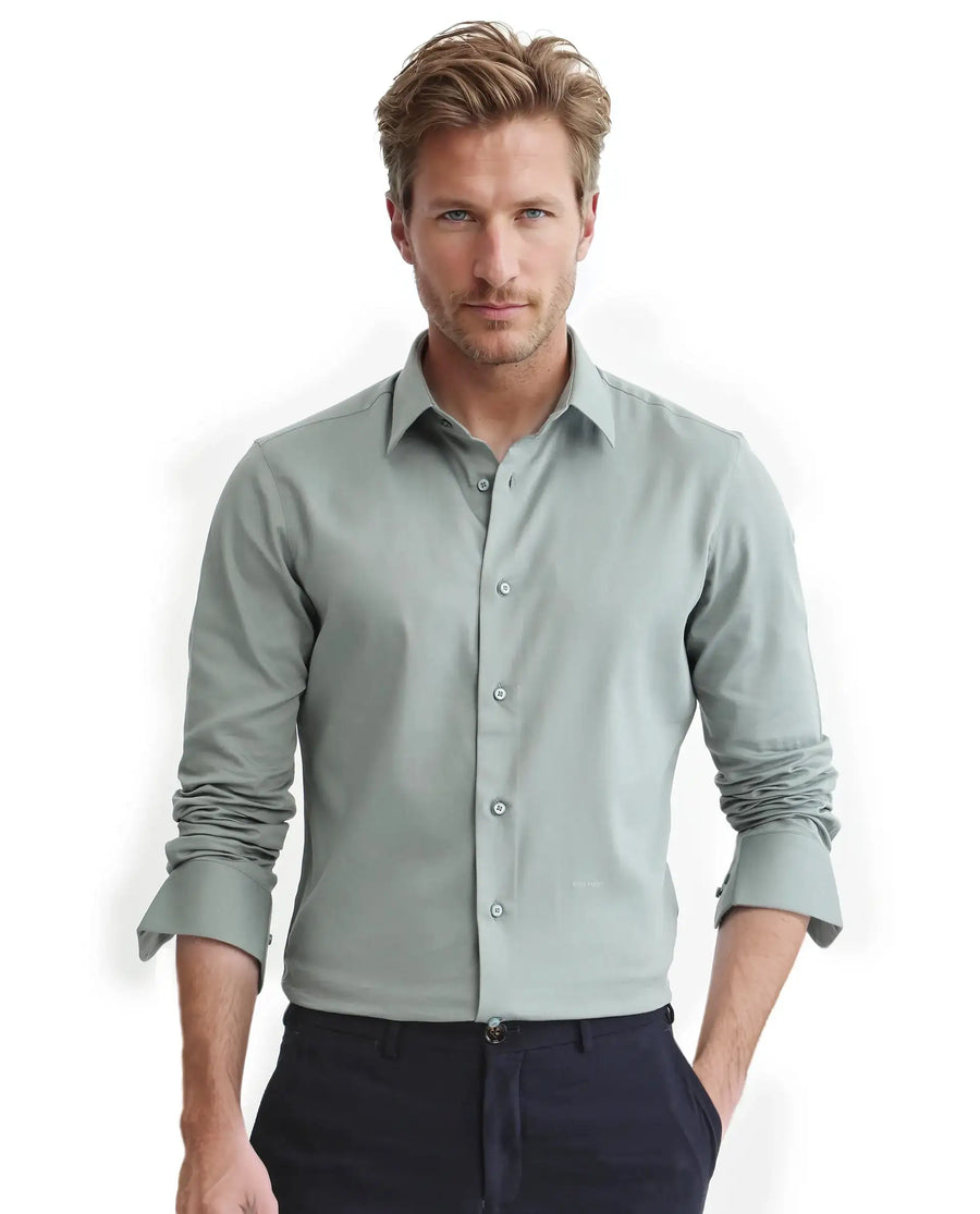 Rare Rabbit Men's Holla-25 Dusky Green Cotton Blend Plain Regular Fit Full Sleeve Collared Shirt