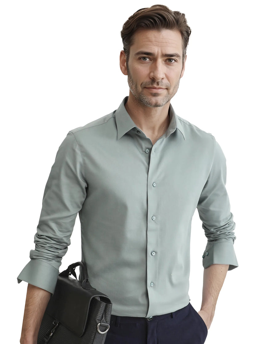 Rare Rabbit Men's Holla-25 Dusky Green Cotton Blend Plain Regular Fit Full Sleeve Collared Shirt