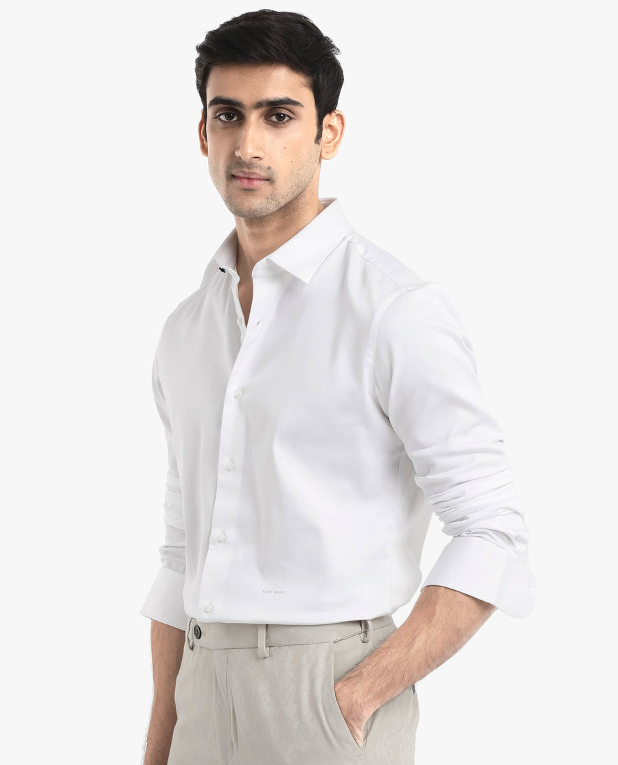 Rare Rabbit Men's Holla White Satin Plain Regular Fit Full Sleeve Collared Shirt