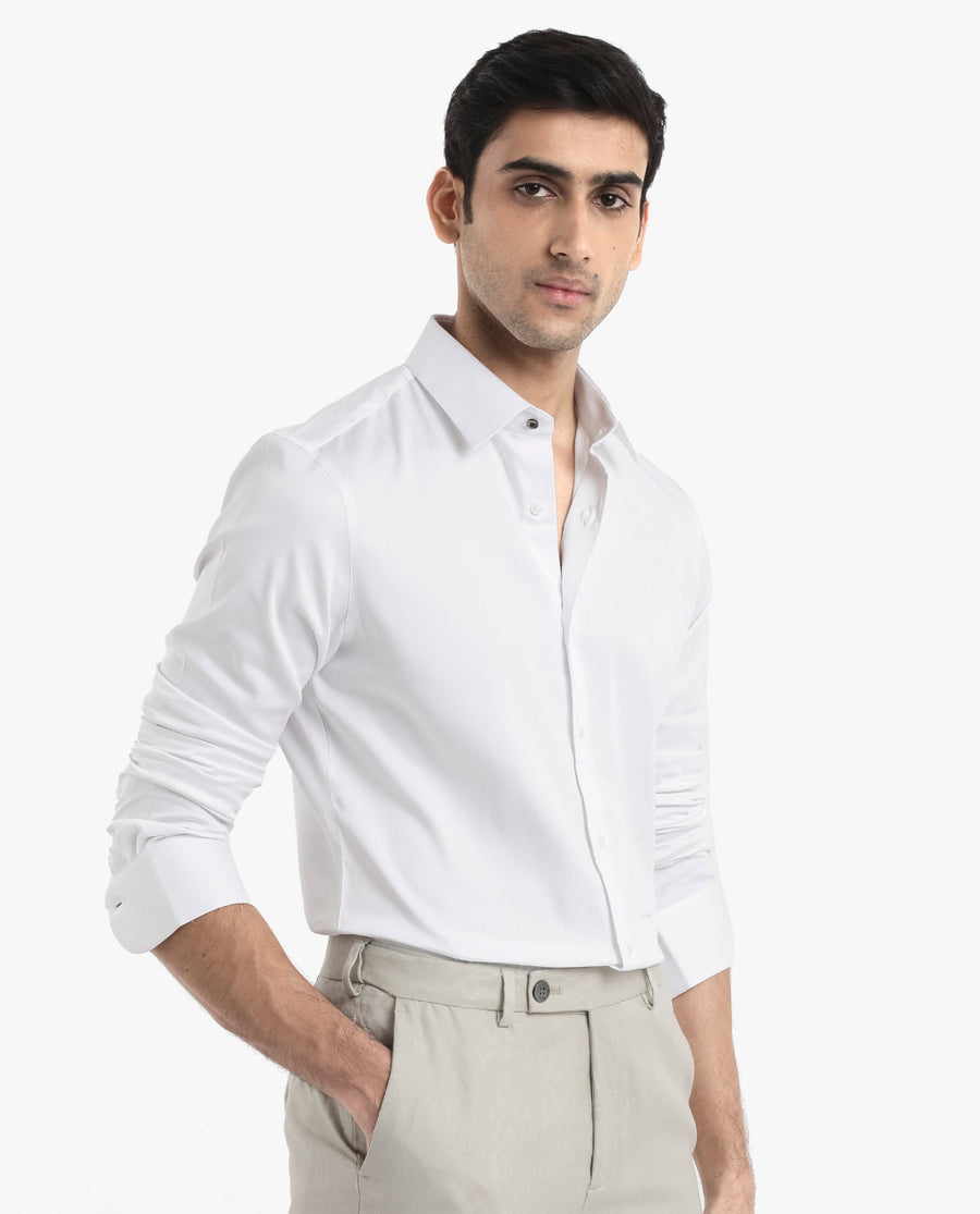 Rare Rabbit Men's Holla White Satin Plain Regular Fit Full Sleeve Collared Shirt