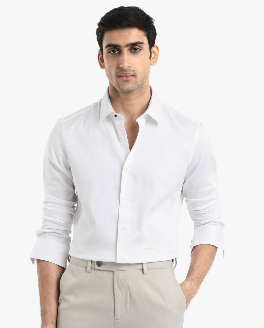 Rare Rabbit Men's Holla White Satin Plain Regular Fit Full Sleeve Collared Shirt