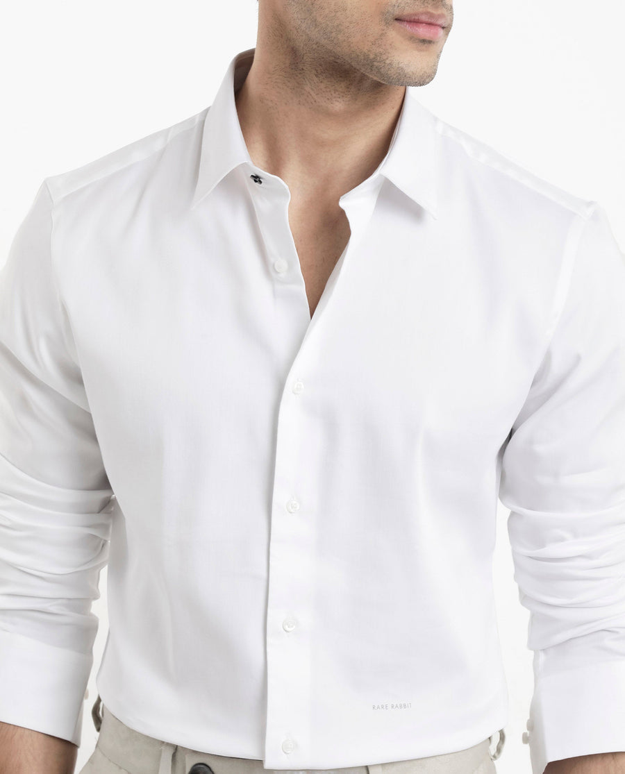 Rare Rabbit Men's Holla White Satin Plain Regular Fit Full Sleeve Collared Shirt