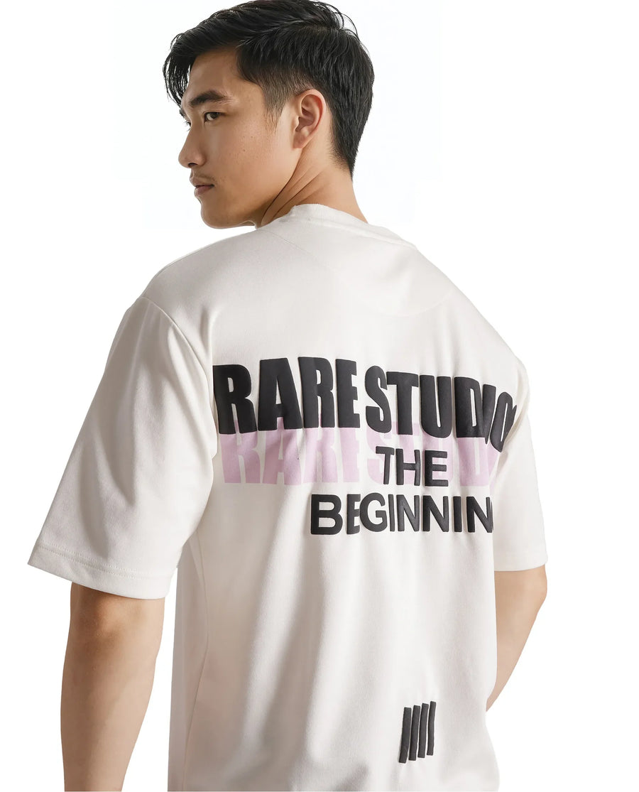 Rare Rabbit Men's Hol Off White Cotton Graphic Print Boxy Fit Half Sleeve Crew Neck T-Shirt
