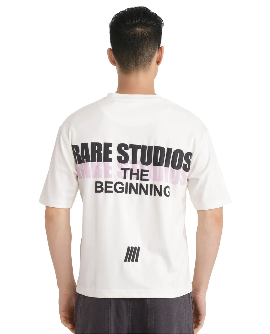 Rare Rabbit Men's Hol Off White Cotton Graphic Print Boxy Fit Half Sleeve Crew Neck T-Shirt