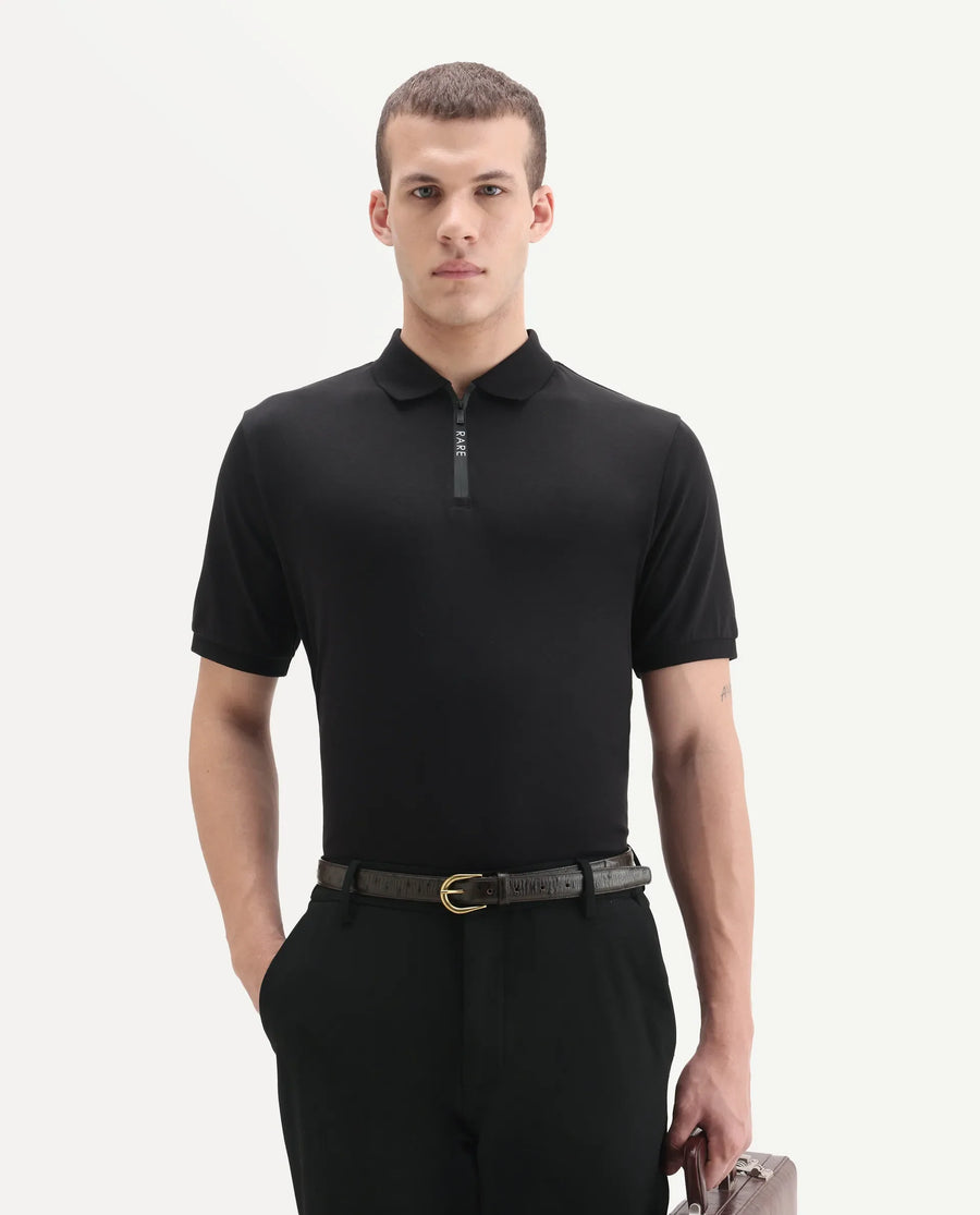 Rare Rabbit Men's Holit-1 Black Cotton Plain Regular Fit Half Sleeve Polo