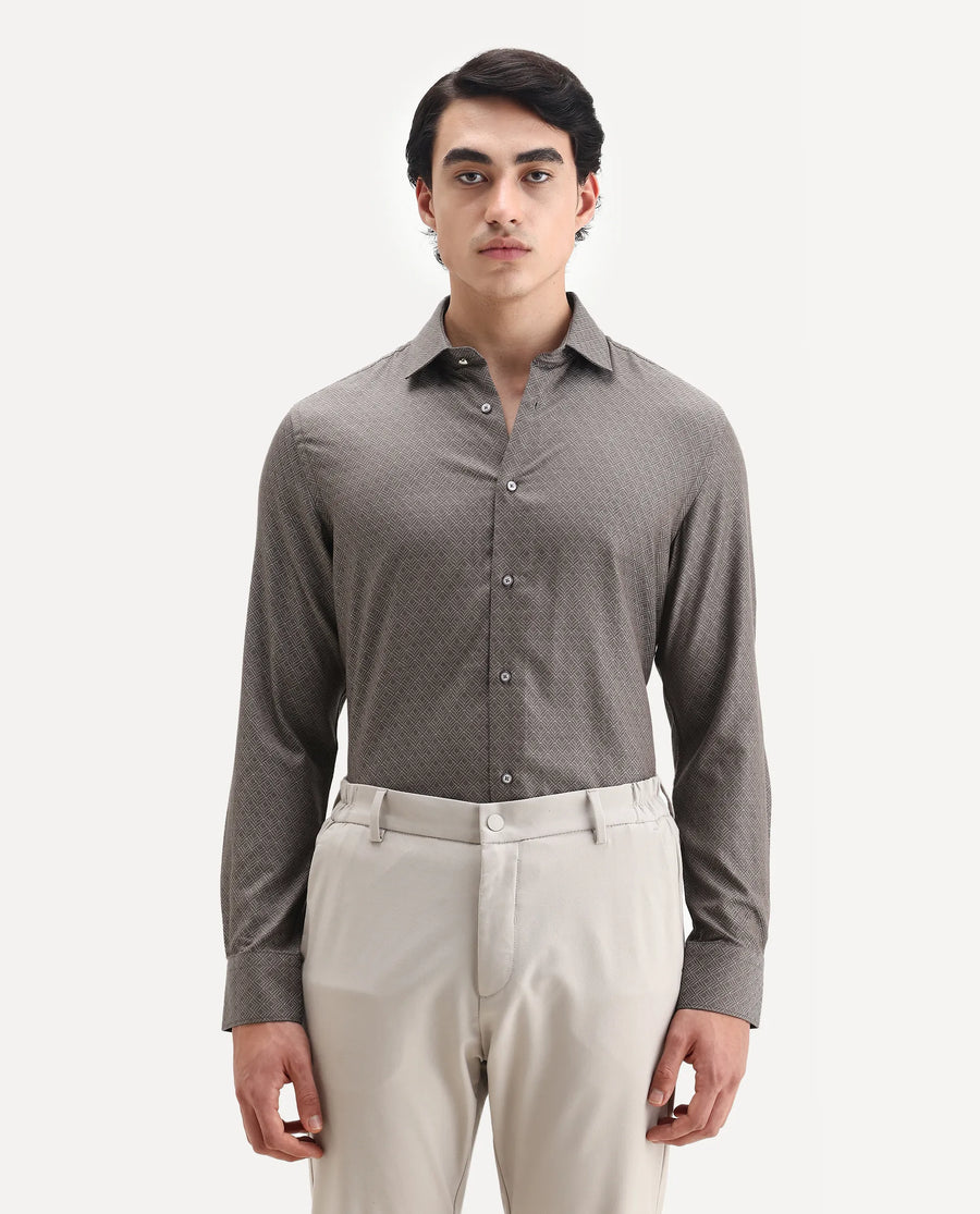 Rare Rabbit Men's Homa Brown Cotton Jacquard Regular Fit Full Sleeve Collared Shirt